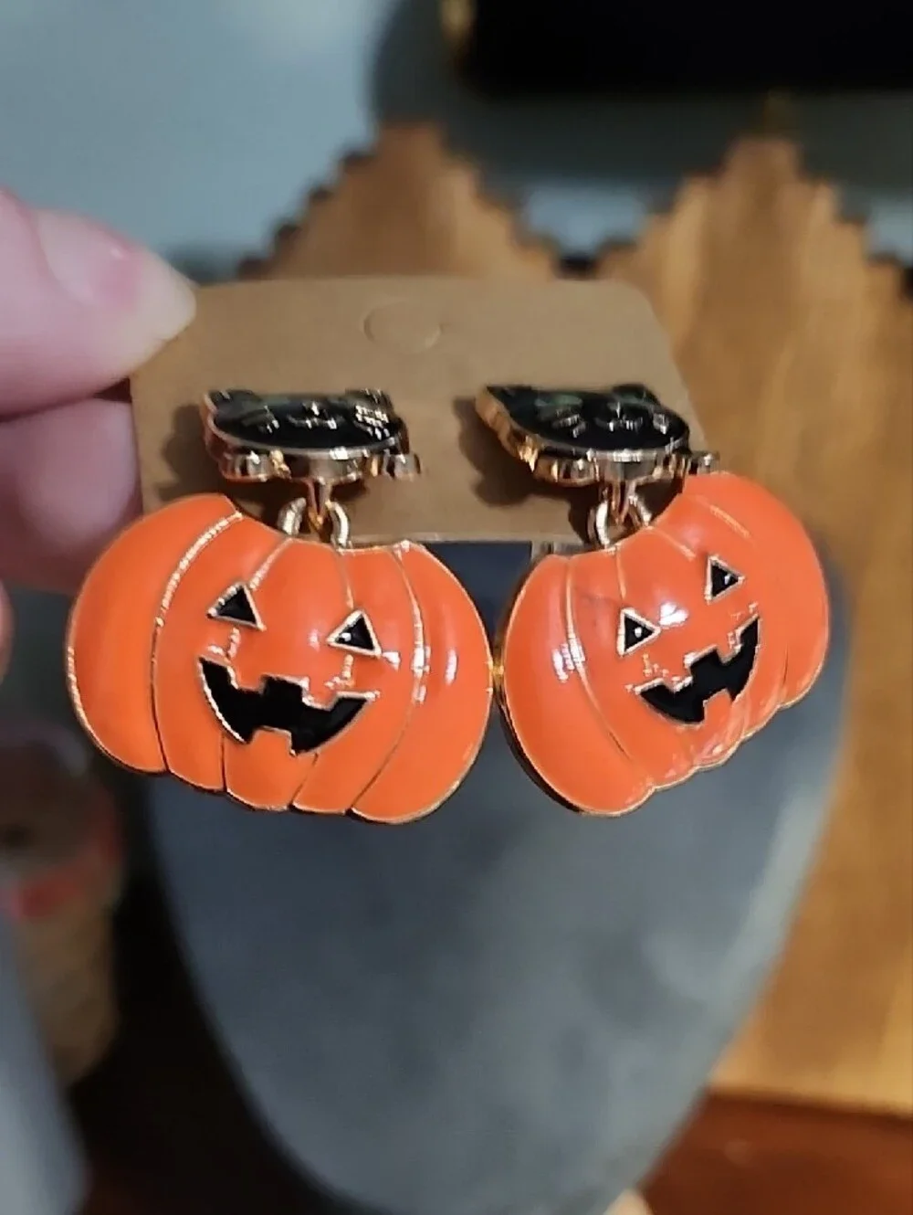 Black Cat on Orange Pumpkin Halloween Cat Earrings